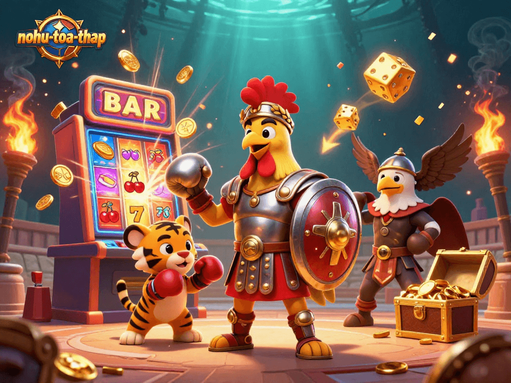 Experience nohu-toa-thap with a captivating scene of a gladiator rooster and casino treasures.