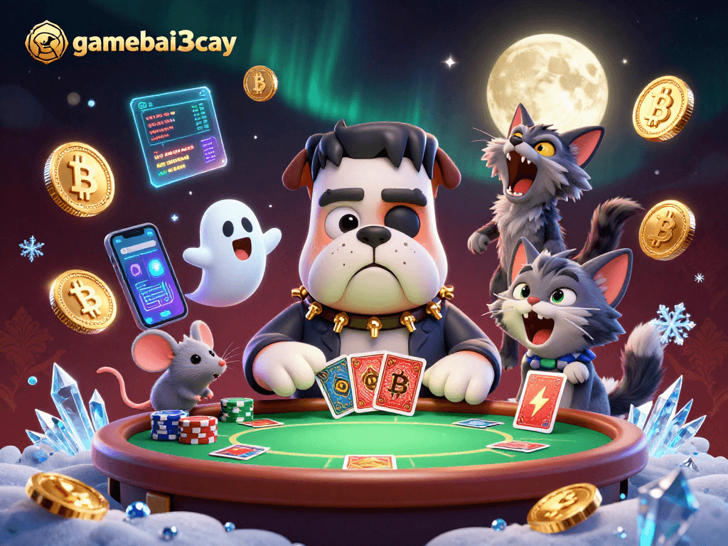 Engage in thrilling poker action at gamebai3cay with unique characters in a vibrant scene.