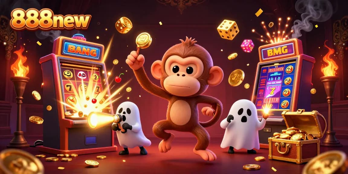 Engage with 888new by experiencing a lively casino scene with coins, slots, and a playful ghost-hunter puppy.