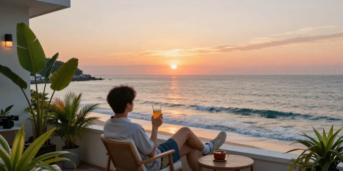 여수오피 coastal relaxation scene with sunset view, person enjoying ocean breeze