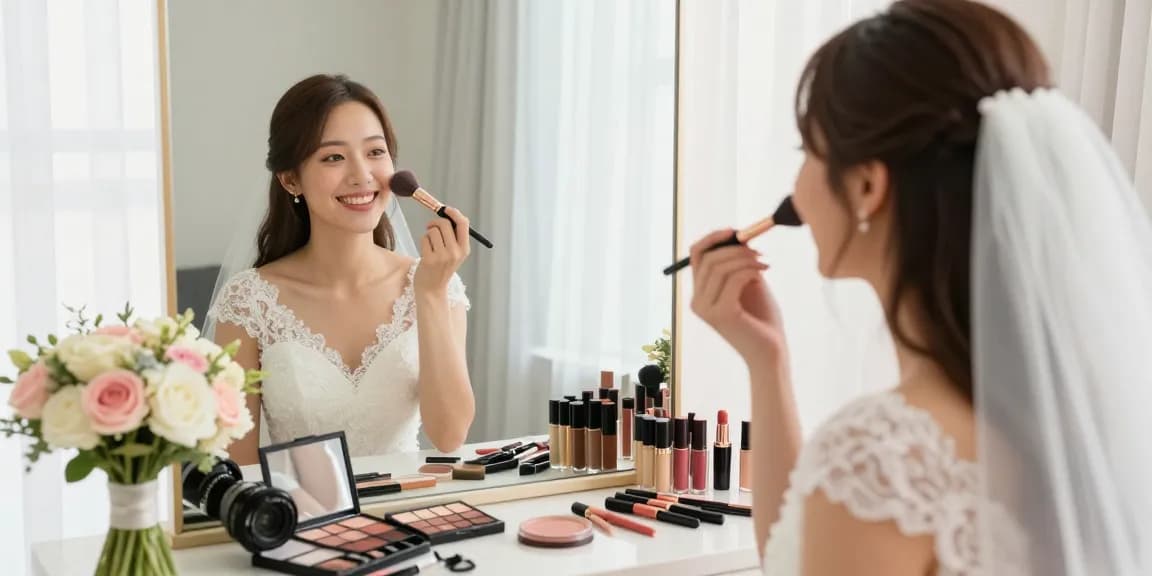 Trucco sposa: Sposa felice mentre si trucca in un ambiente luminoso e romantico.