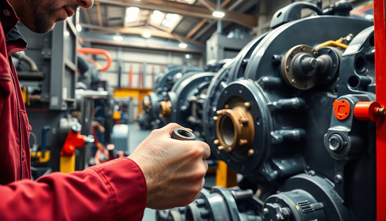 Mechanic provides equipment service on heavy machinery in a well-equipped workshop.