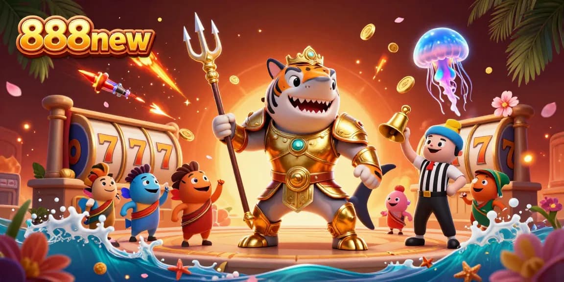 An engaging scene showcasing the thrilling universe of 888new, featuring a tiger shark in gladiator armor and dynamic slot game elements.