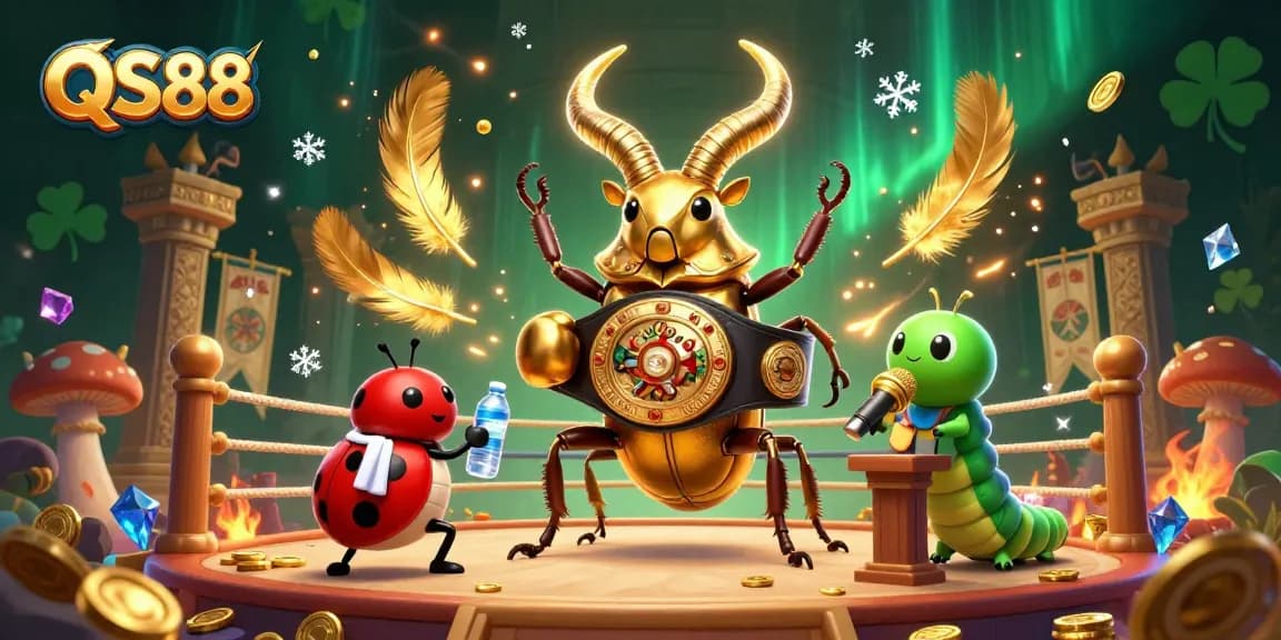 Witness the excitement of QS88 with a golden stag beetle boxing champion amidst swirling casino elements and vibrant colors.