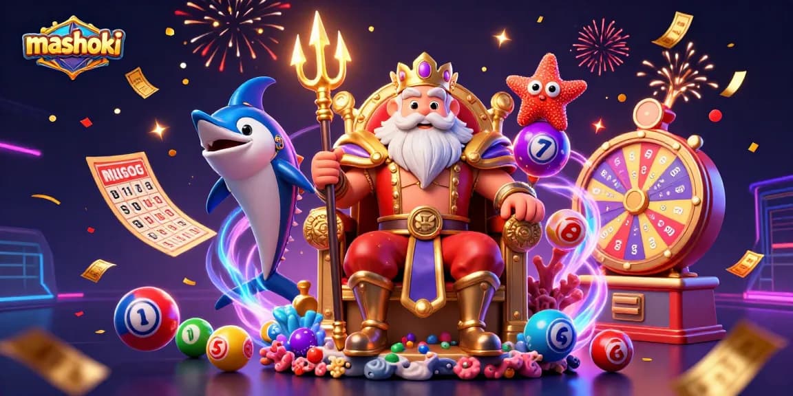 Experience mashoki excitement with Neptune and lively lottery game elements in a vibrant casino scene.
