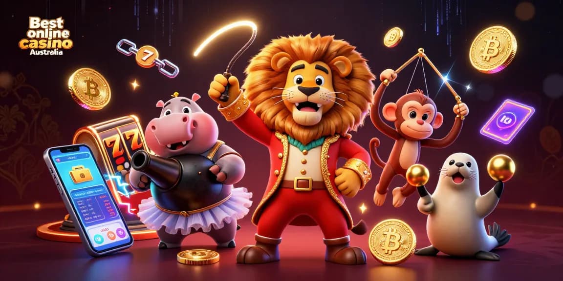 Engage with the Best online casino Australia through a vibrant circus-themed gambling scene featuring exciting characters.
