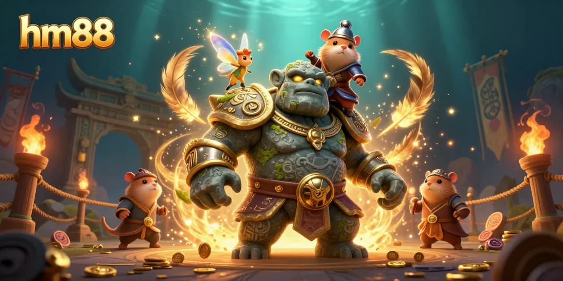 Experience the magic of hm88 with a dynamic scene showcasing a golem guardian, fairy, and hamster knight amidst gold coins and gambling elements.