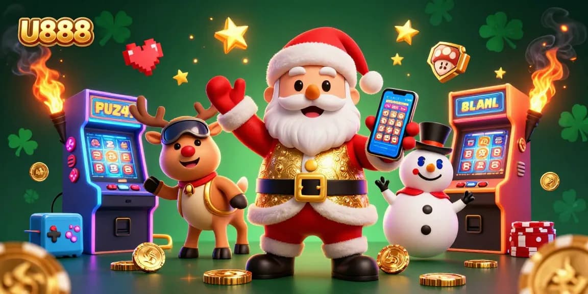 Play dynamic slots with U888 featuring Santa Claus, his reindeer, and a snowman in a vibrant casino.