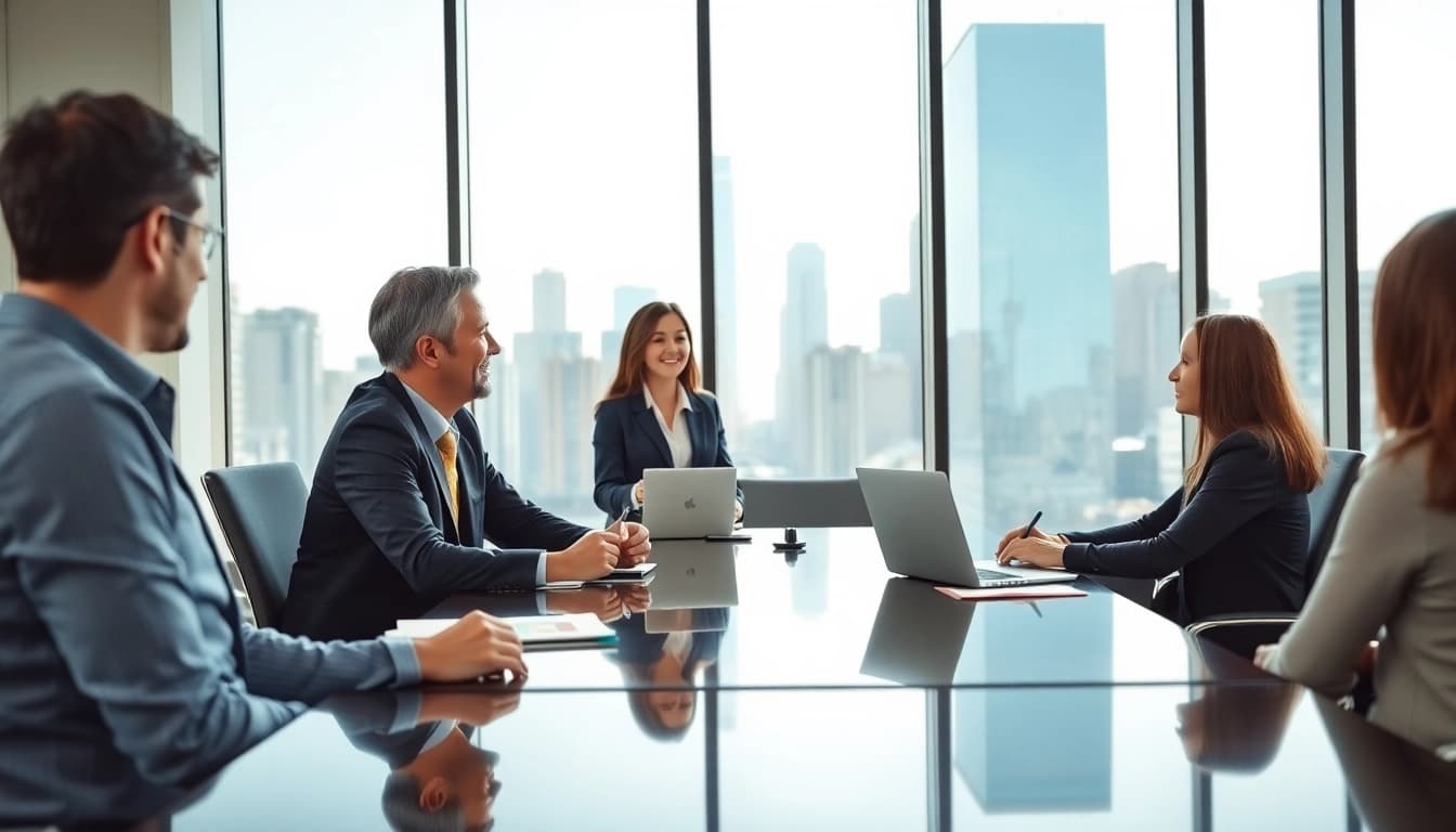 Escrow Services agent facilitating a discussion with clients in a professional setting.