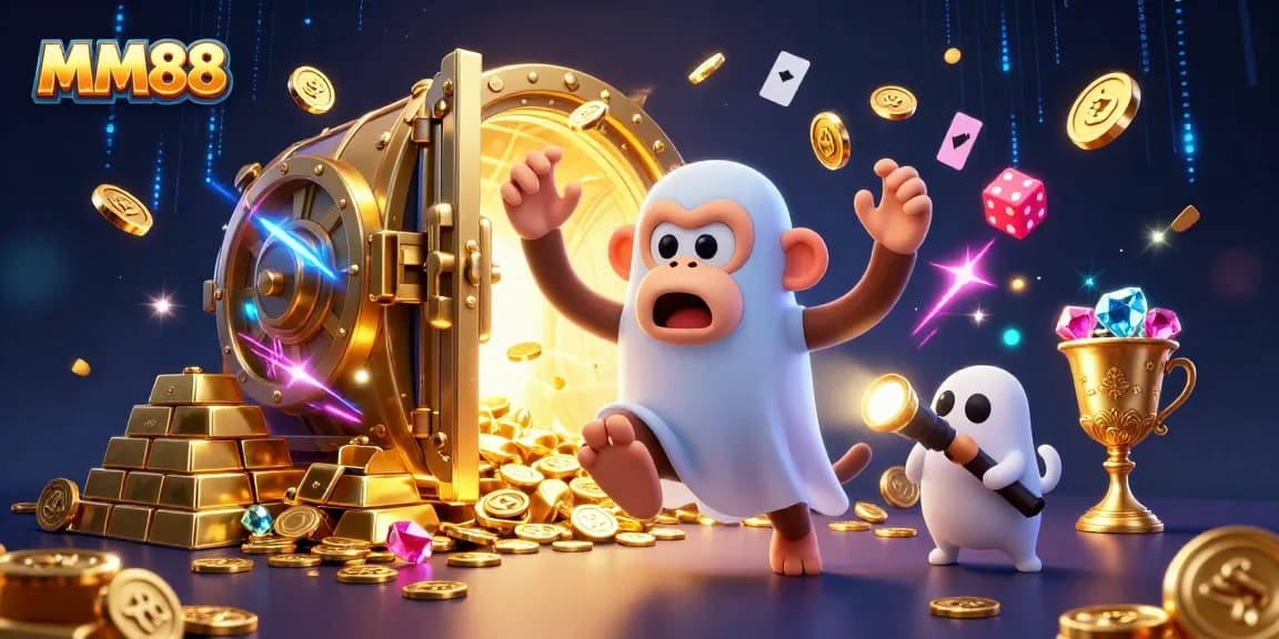 Experience the excitement of MM88 in a vibrant haunted casino scene with golden treasures.