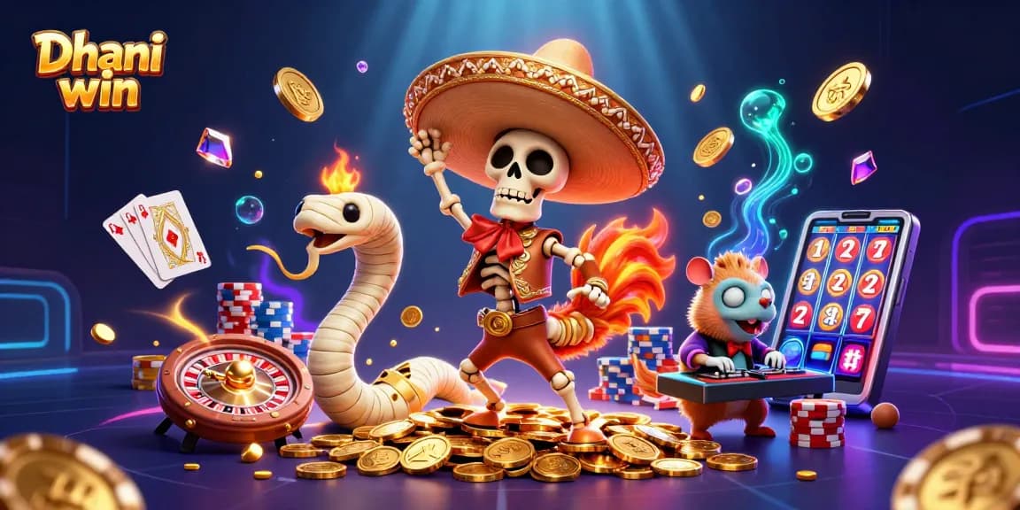 Dhani win features vibrant gaming scene with characters dancing on coins, playing cards, and jackpot elements.