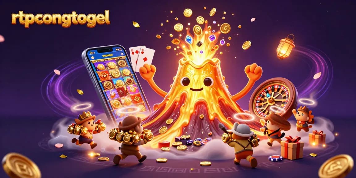Experience rtpcongtogel with vibrant treasure-filled volcano and casino elements in a dynamic scene.
