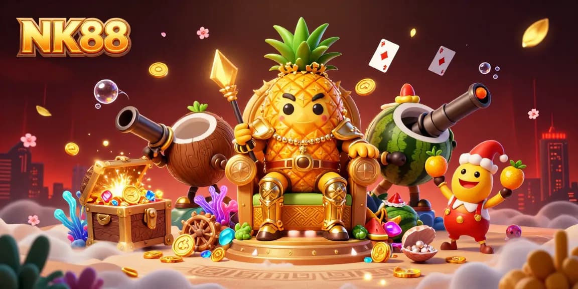 Engage with NK88 to maximize your winnings at the vibrant beach casino with colorful characters and game elements.