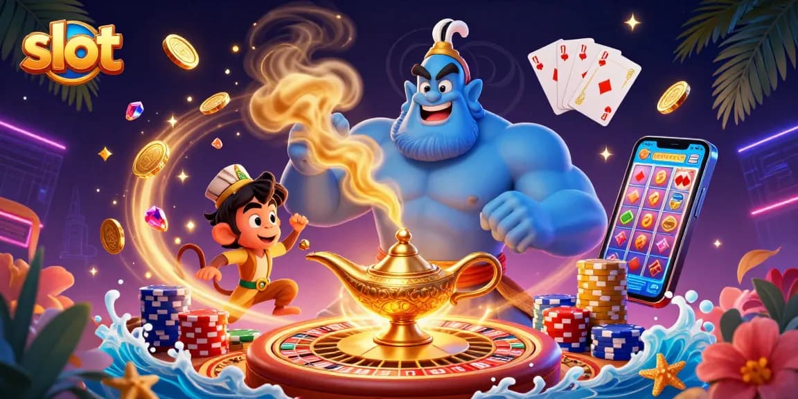 Experience thrilling slots with a magical genie and vibrant poker chips in a dazzling casino scene.