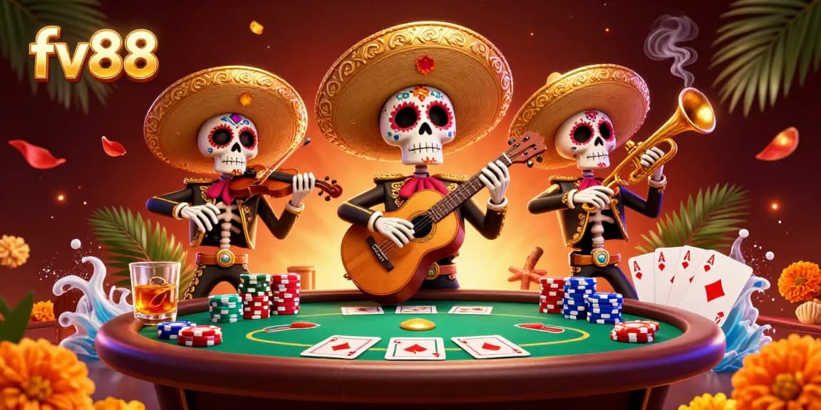 Experience exciting gameplay at fv88 with a lively mariachi band and poker elements in a vibrant casino scene.