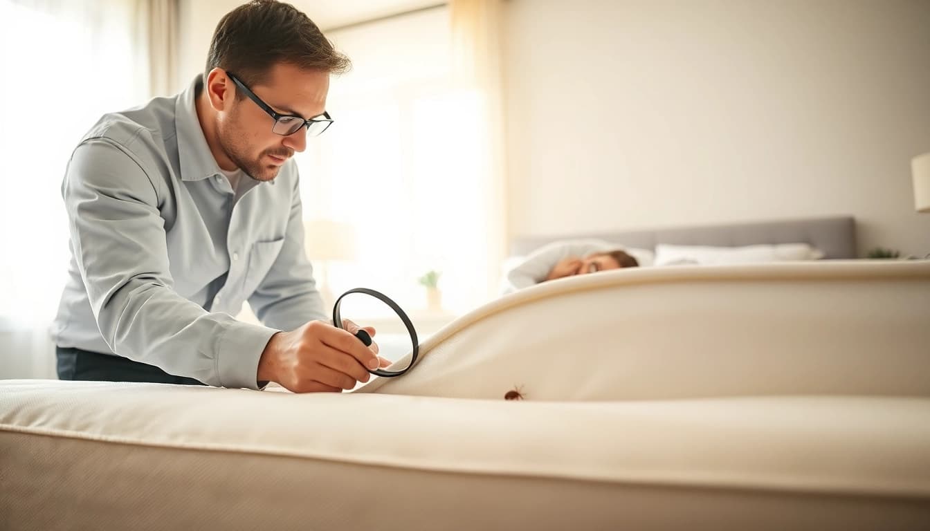 Efficient bed bug removal techniques with a professional examining a mattress in a bright bedroom.