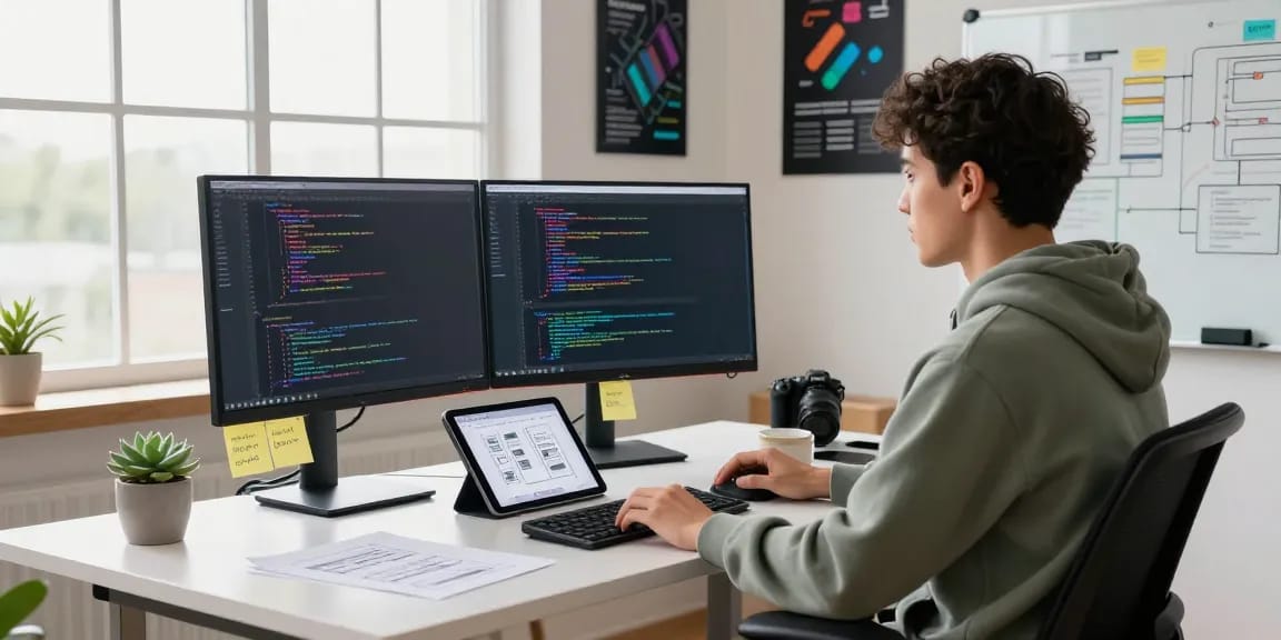 Modern workspace of a developer coding on dual monitors at fuzzmanta.com, bright atmosphere with plants and tech decor.