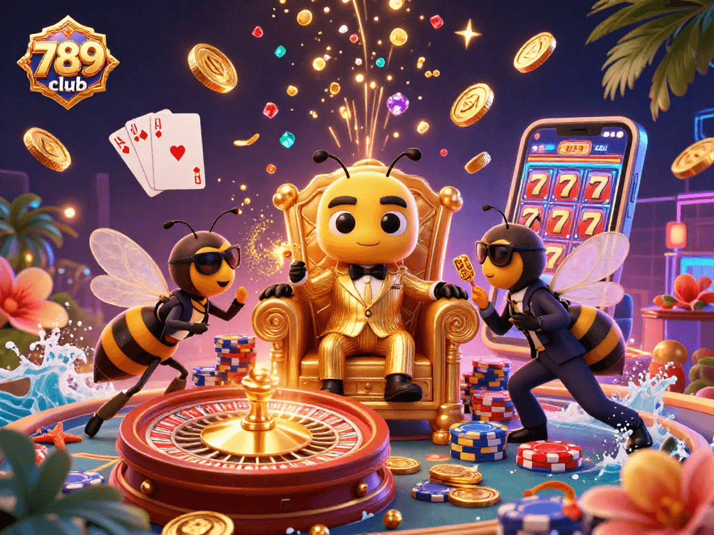 Experience thrilling action at 789 club with a vibrant casino scene featuring 3D characters and gold coins.