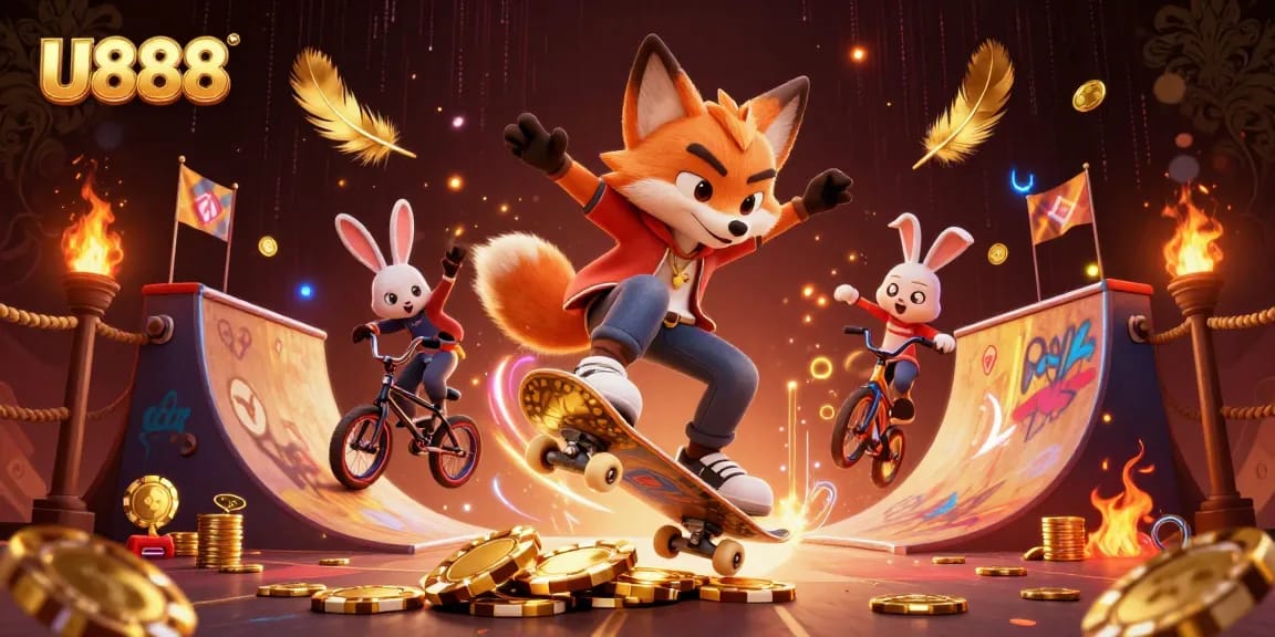U888 brings excitement to life with a skateboarder fox performing a kickflip over golden poker chips.