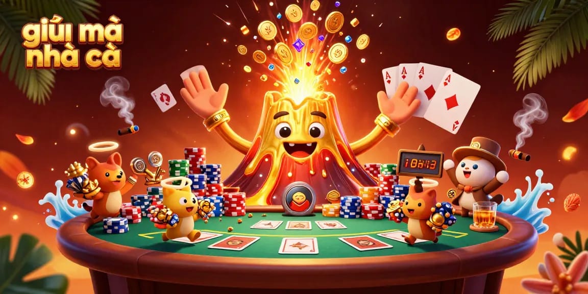 Engage with skilled strategies from giải mã nhà cái amidst a vibrant casino scene with treasure and poker elements.