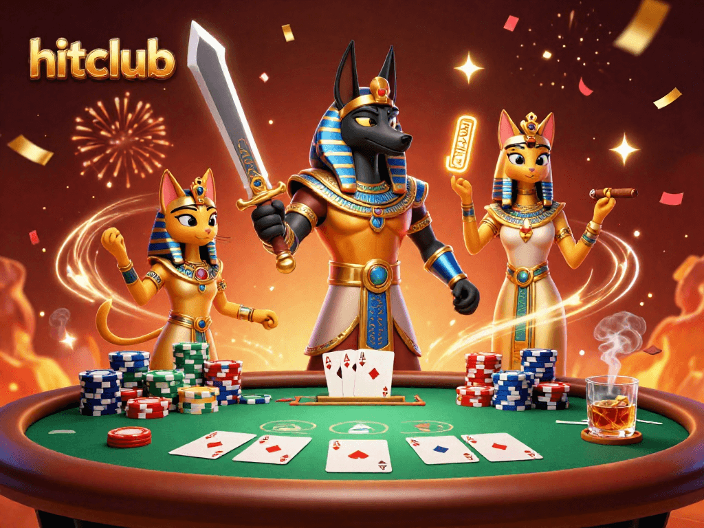Win big at hitclub with Anubis and Bastet in a lively poker scene filled with action!