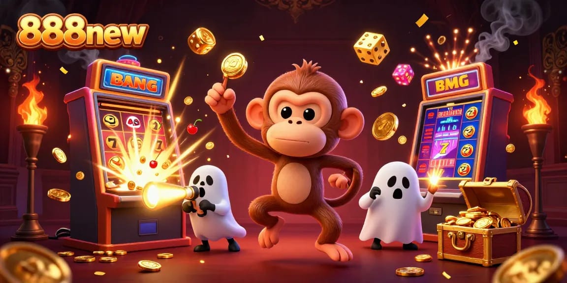 Engage with 888new by experiencing a lively casino scene with coins, slots, and a playful ghost-hunter puppy.