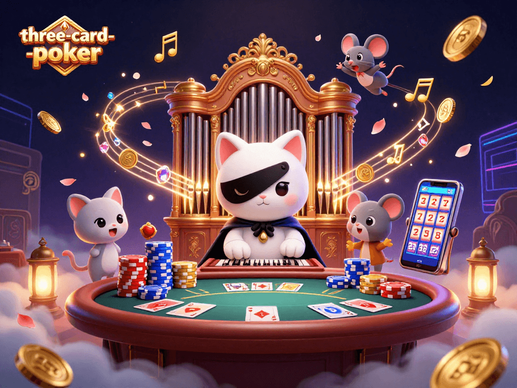 Experience thrilling three-card-poker action with a dynamic illustration featuring lively casino elements.