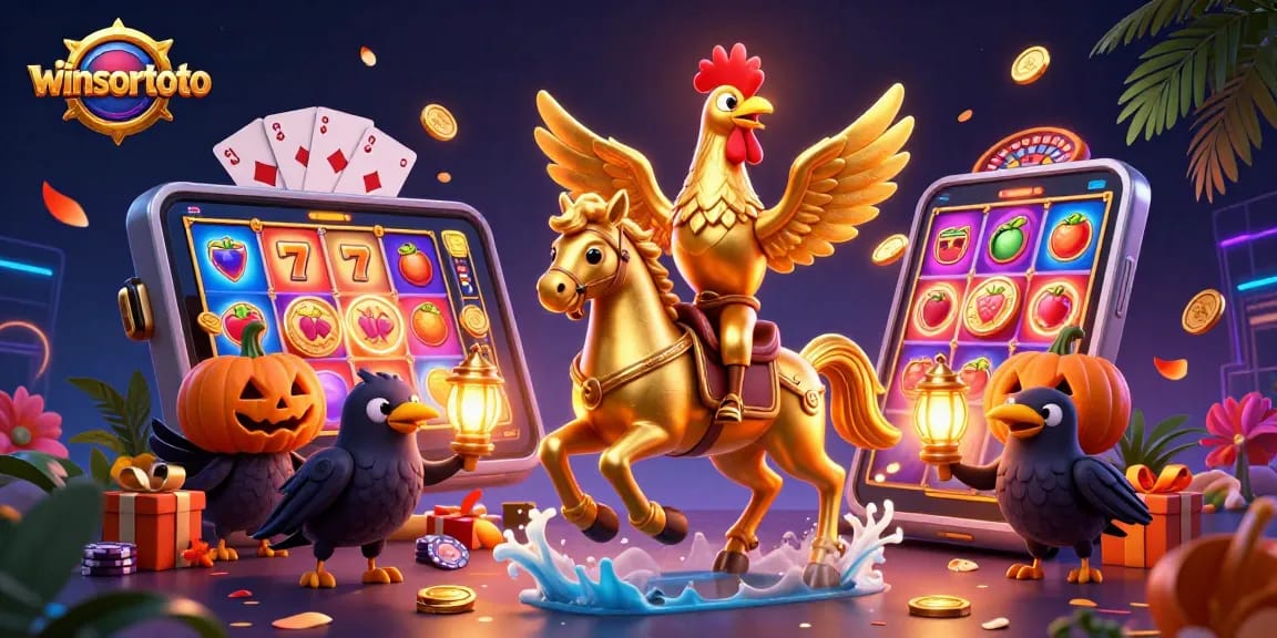 Memenangkan jackpot dengan winsortoto, menggambarkan seorang ayam jantan emas beradaptasi ke dalam dunia kasino, dikelilingi keberuntungan permainan.