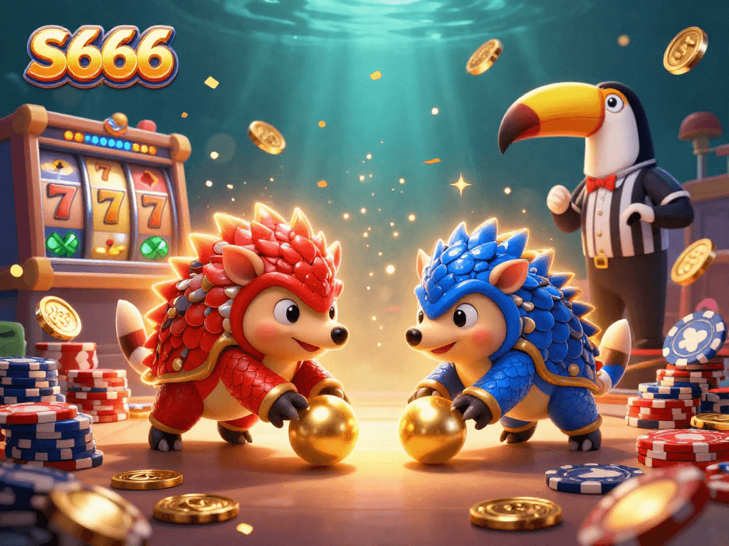 S666 rolls into action with rival pangolins in a vibrant casino scene of slot games.