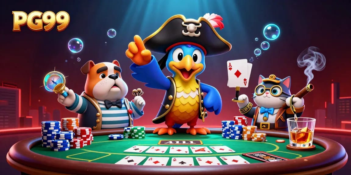 Experience thrilling poker action with PG99 in an exciting 3D illustration featuring vibrant characters and game elements.