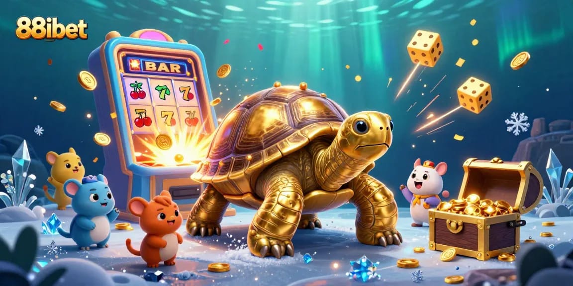 Experience the fun of 88ibet with a lively 3D illustration of a colossal tortoise pinball machine surrounded by vibrant casino elements.