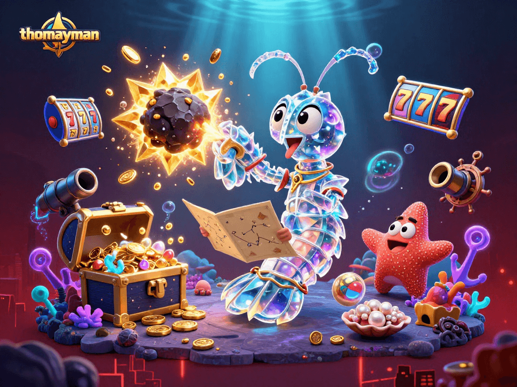 Spin to win big with thomayman in a vibrant 3D casino game illustration featuring exciting symbols.
