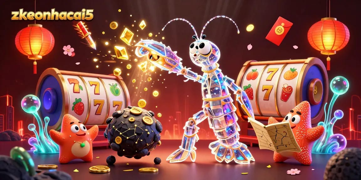 Zkeonhacai5 showcases a galactic samurai shrimp breaking an asteroid amid slot reels and festive elements.