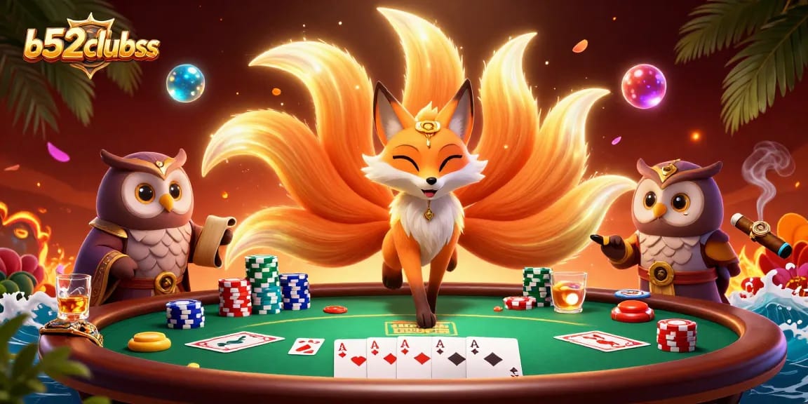 Experience the excitement of b52clubss with a vibrant poker scene featuring a fox spirit and owl sage.