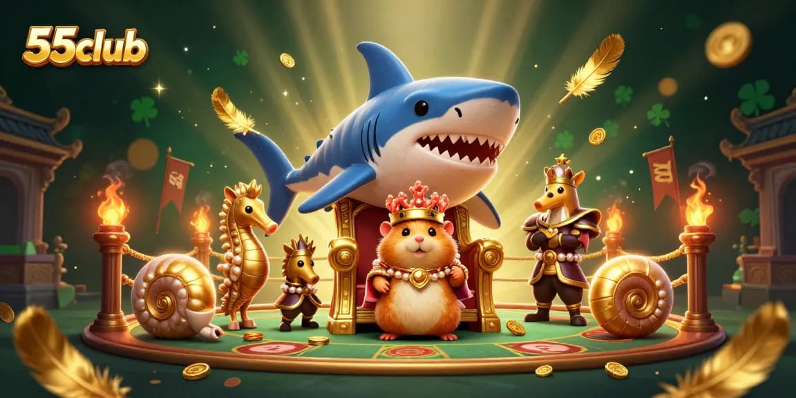 Engage in thrilling bets at 55club featuring a golden hamster king among casino treasures.