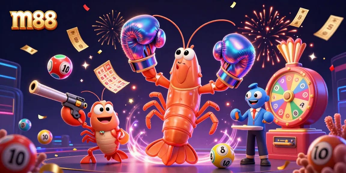 Join the fun at m88 with colorful lottery elements and a vibrant underwater scene celebrating gaming
