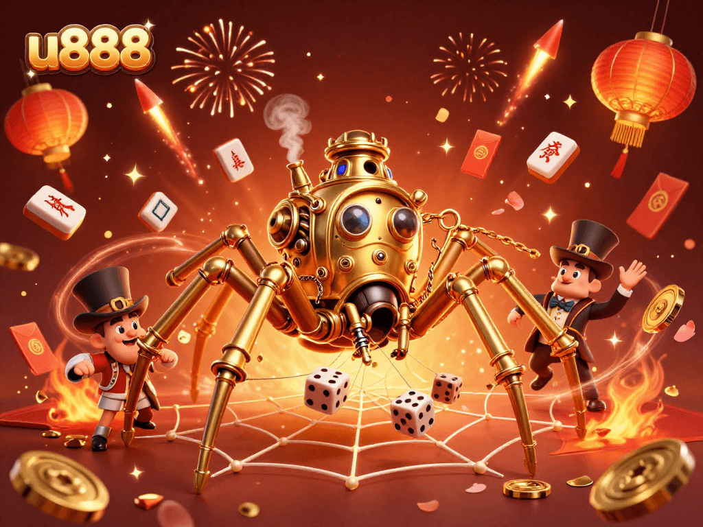 Experience the vibrant excitement of u888 in this dynamic 3D casino scene packed with action.