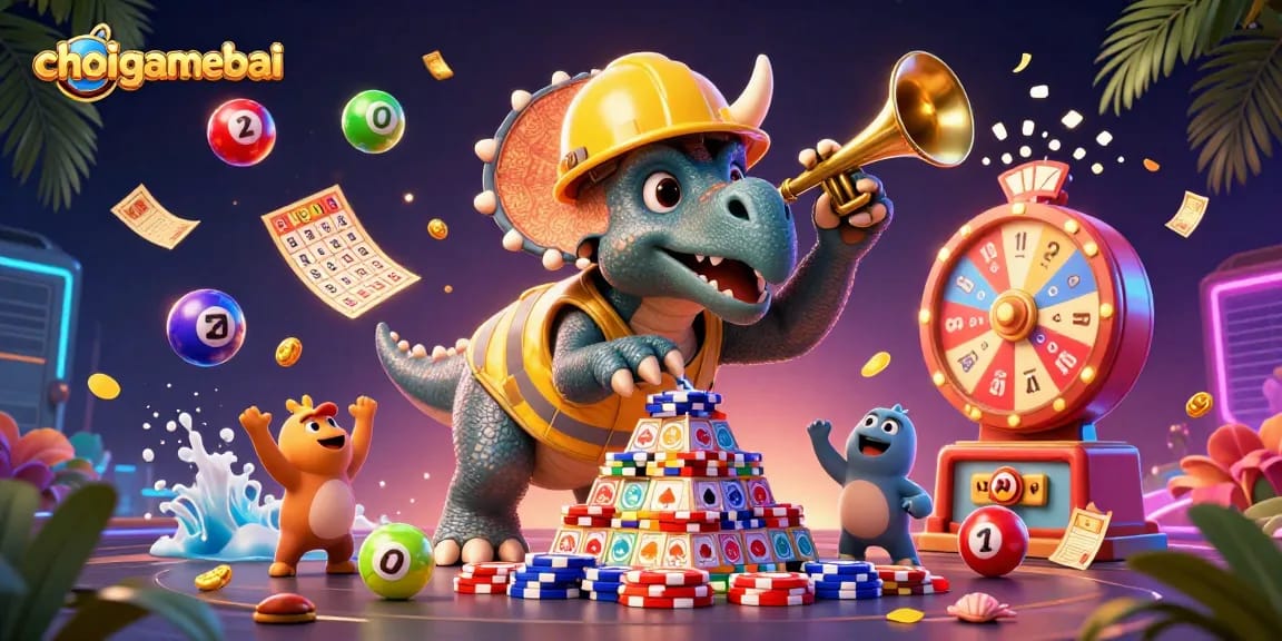 Join the action with choigamebai as the triceratops stacks poker chips in this vibrant 3D casino scene.