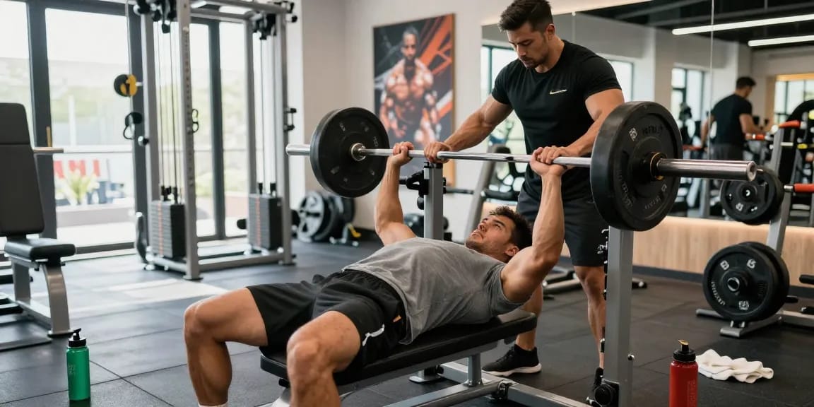 Pharmaqo shop showcasing athletic bodybuilder in a gym environment performing a bench press