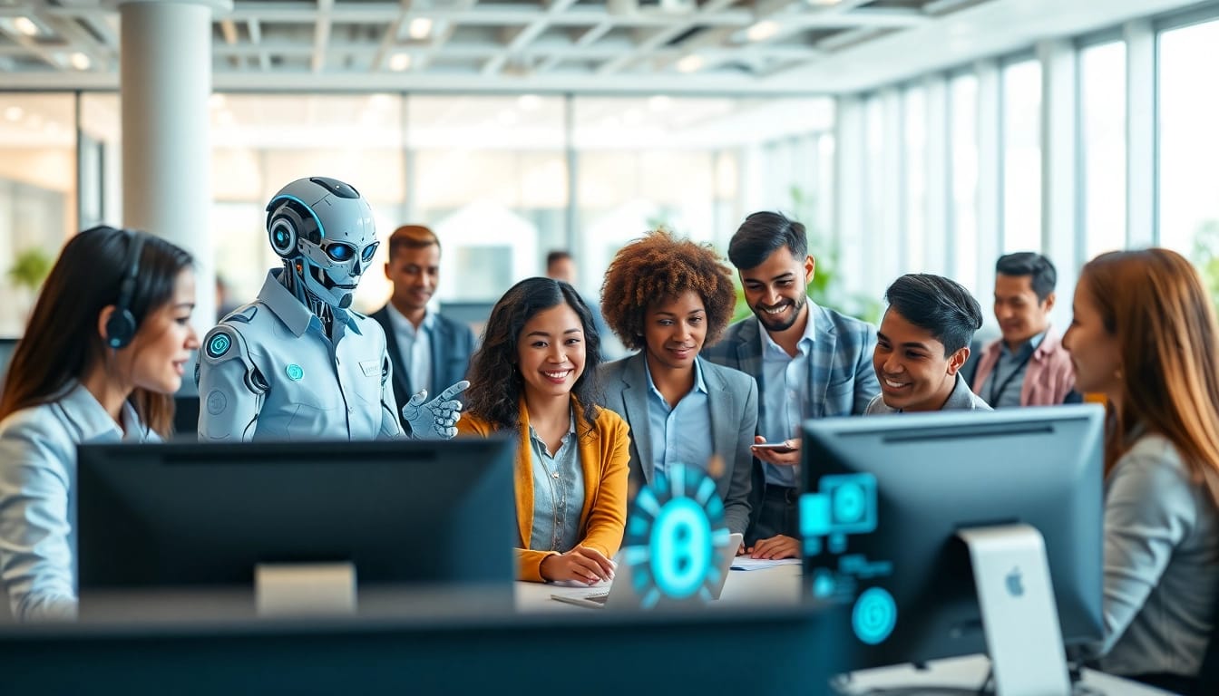 Engaging AI agents collaborating with users in a modern office setting.