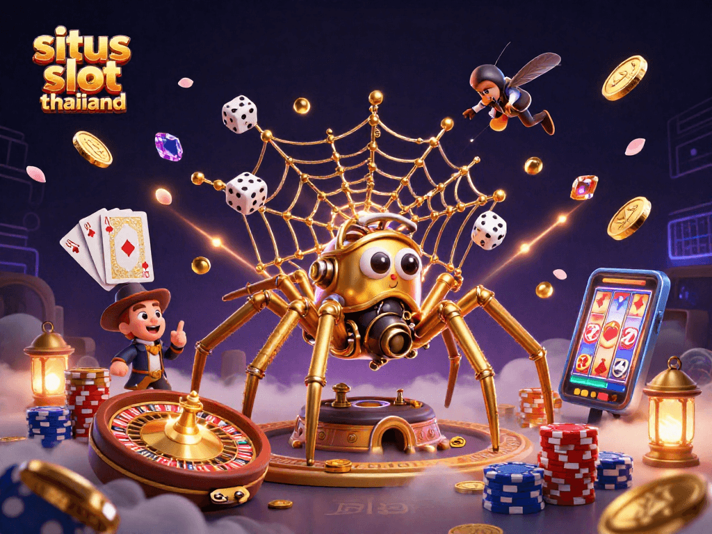 Catch exciting wins at situs slot thailand with a vibrant 3D casino scene featuring a steampunk spider and a trapped fly gentleman.