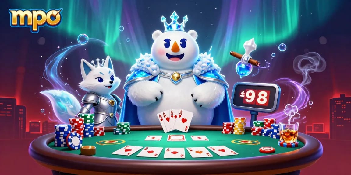 Engage with mpo's vibrant gaming scene featuring an ice king and fox in a casino setting.