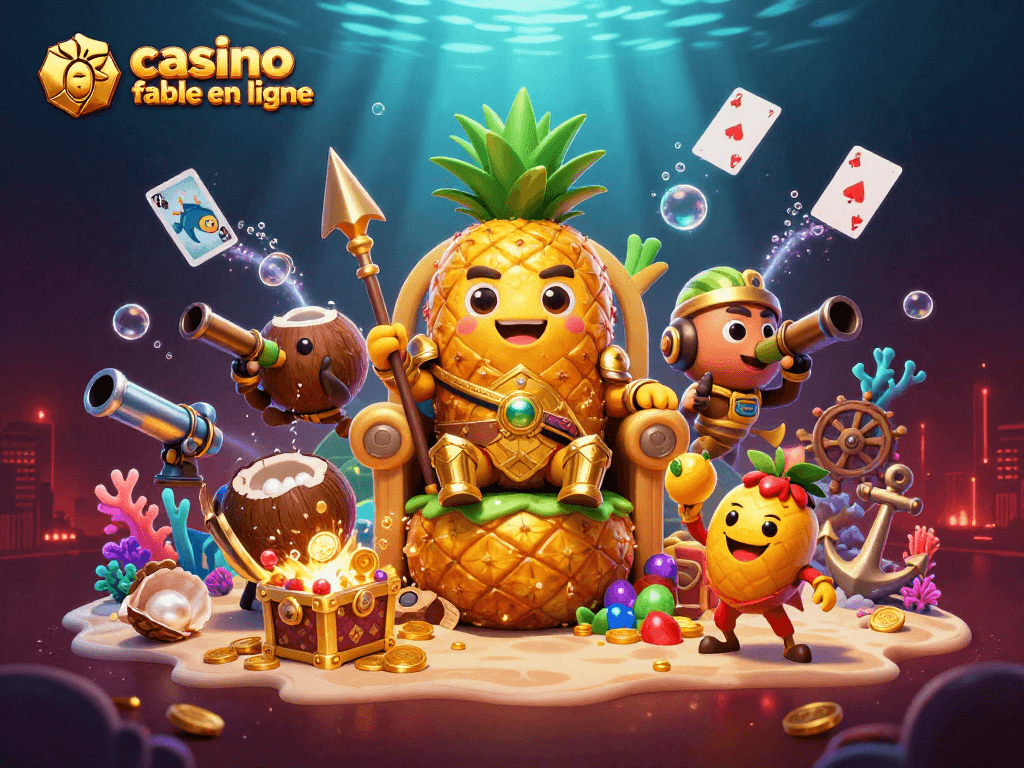 Illustration d'un casino fiable en ligne avec roi ananas, gardes en noix de coco et jongleur, ambiance dynamique et colorée.