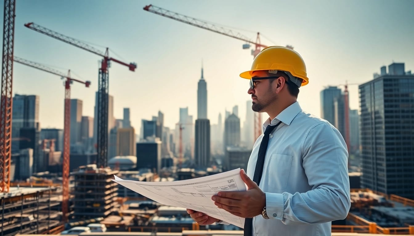 Manhattan Construction Manager directing a vibrant construction site amidst NYC's skyline.