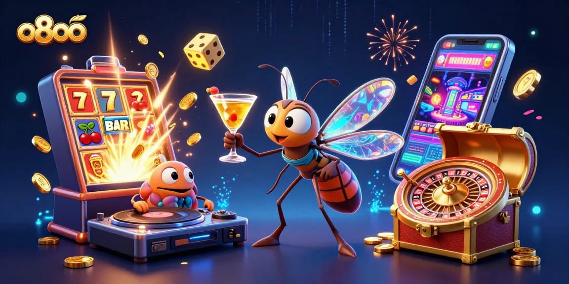 Experience exciting gameplay at o8oo with a dynamic casino scene featuring unique characters and vibrant elements.