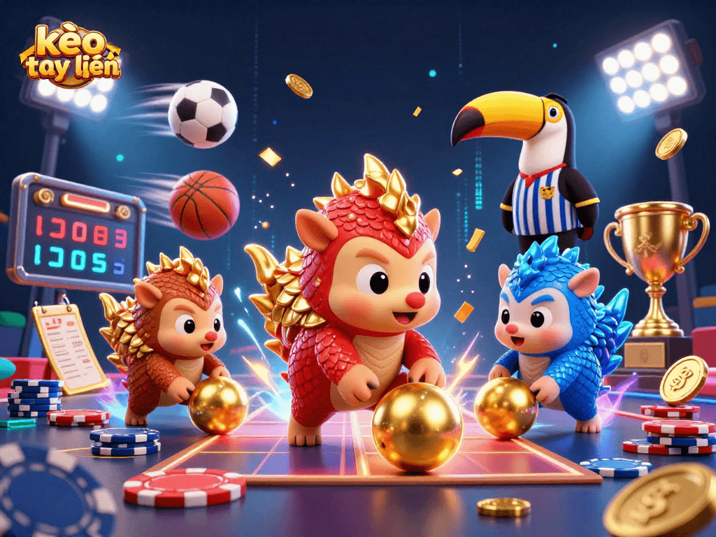 Engaging kèo trực tuyến scene with animated pangolins rolling into golden balls, showcasing dynamic sports betting action.