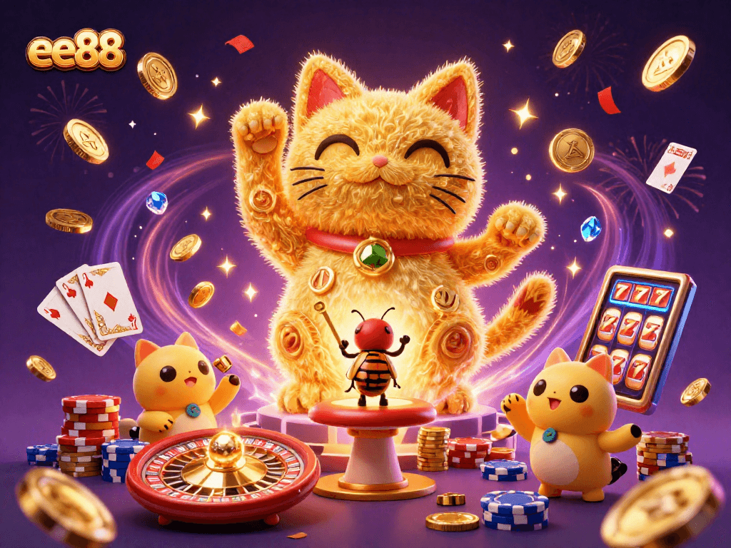 Win at ee88 with a dazzling display of casino symbols, fireflies, and a lucky cat guiding your fortune.