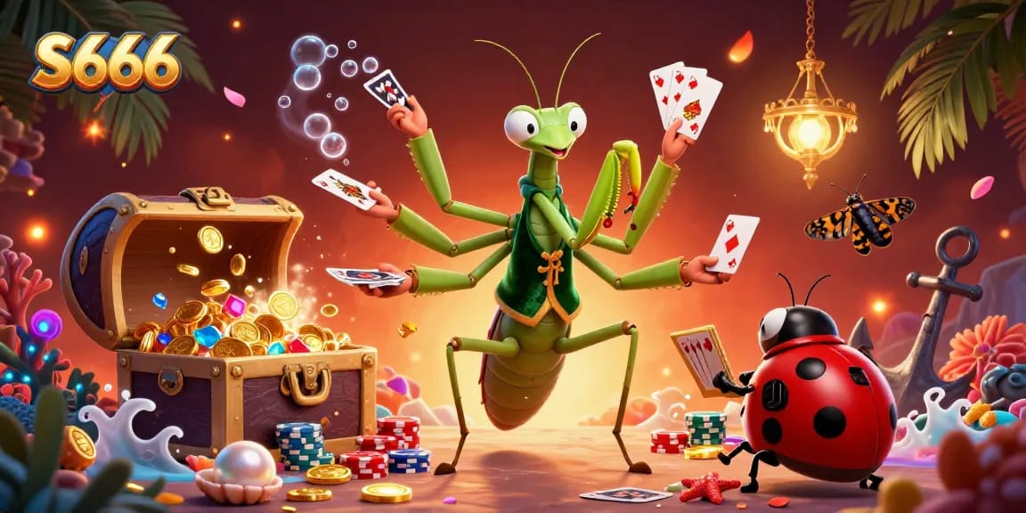 S666 delights players in a vibrant casino scene with exciting card games and treasures.