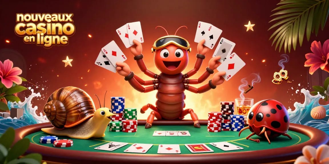 Les nouveaux casinos en ligne présentent une illustration dynamique avec un millipède dealer, un escargot et un mille-pattes.
