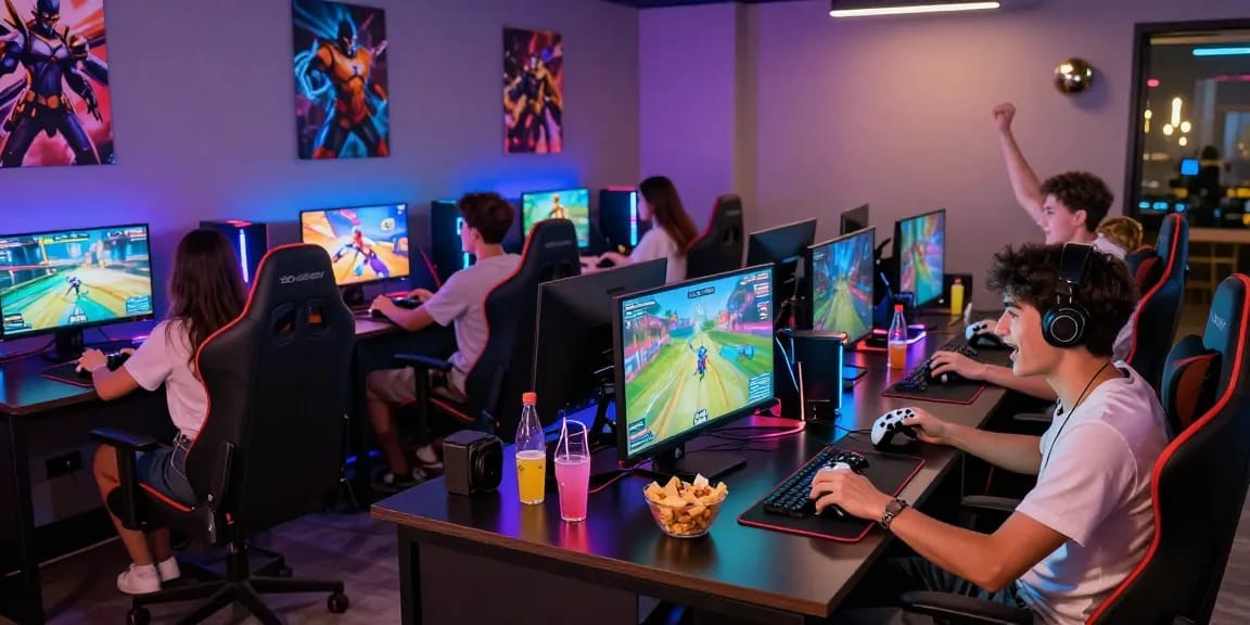 Group enjoying เกมสล็อต in a vibrant gaming lounge with LED lights and excitement.